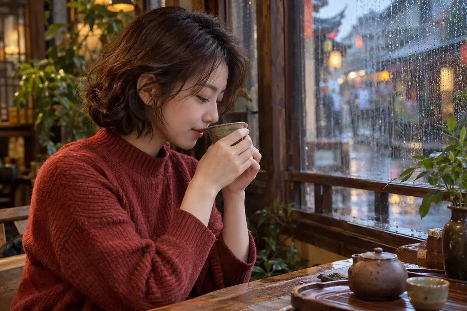 雨天窗边陶杯茶饮，茶汤与窗景相映