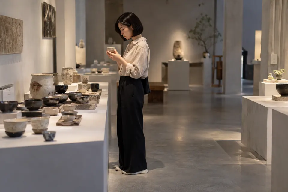 上海茶器展览与品饮场景，陶瓷茶器陈列于桌面